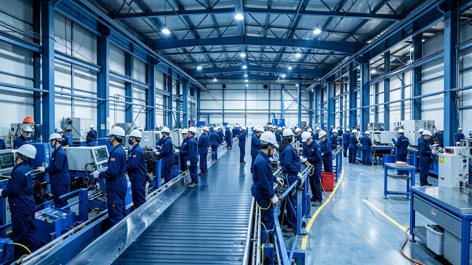 Production line operators in navy blue uniforms along a conveyor in a Malaysian factory